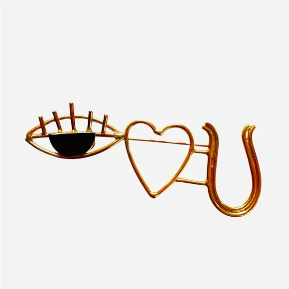 2 Brooch Pins Heart Eye Gold Tone Metal “I Heart U” 80s/90s - Picture 2 of 8
